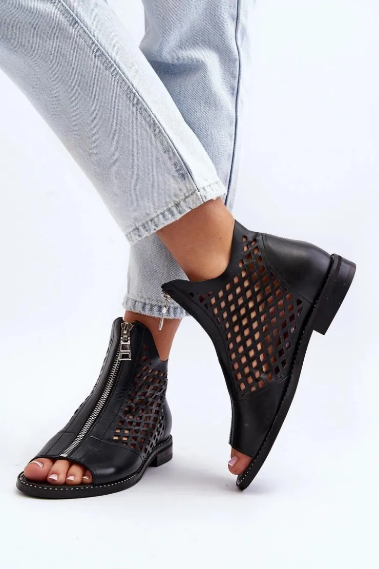 Zazoo Sandały Ażurowe|Sandały Płaskie*977/L Skórzane Ażurowe Sandały Na Zamek Czarne Czarny