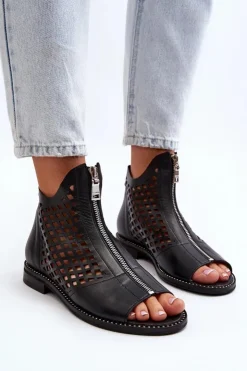 Zazoo Sandały Ażurowe|Sandały Płaskie*977/L Skórzane Ażurowe Sandały Na Zamek Czarne Czarny