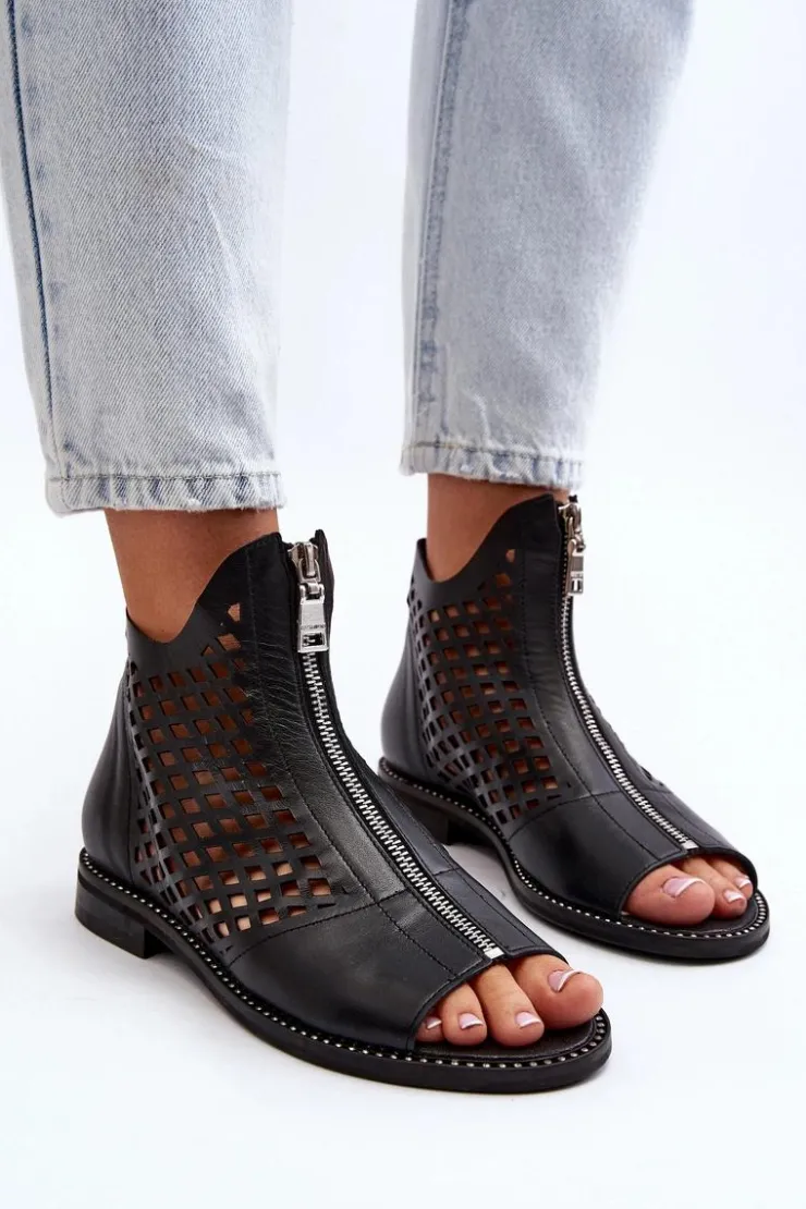 Zazoo Sandały Ażurowe|Sandały Płaskie*977/L Skórzane Ażurowe Sandały Na Zamek Czarne Czarny