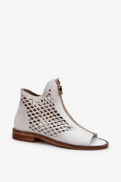 Clearance Zazoo 977/L Skórzane Ażurowe Sandały Na Zamek Białe Biały