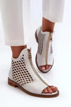 Clearance Zazoo 977/L Skórzane Ażurowe Sandały Na Zamek Białe Biały