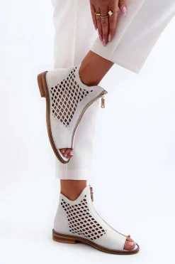 Clearance Zazoo 977/L Skórzane Ażurowe Sandały Na Zamek Białe Biały