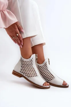 Clearance Zazoo 977/L Skórzane Ażurowe Sandały Na Zamek Białe Biały