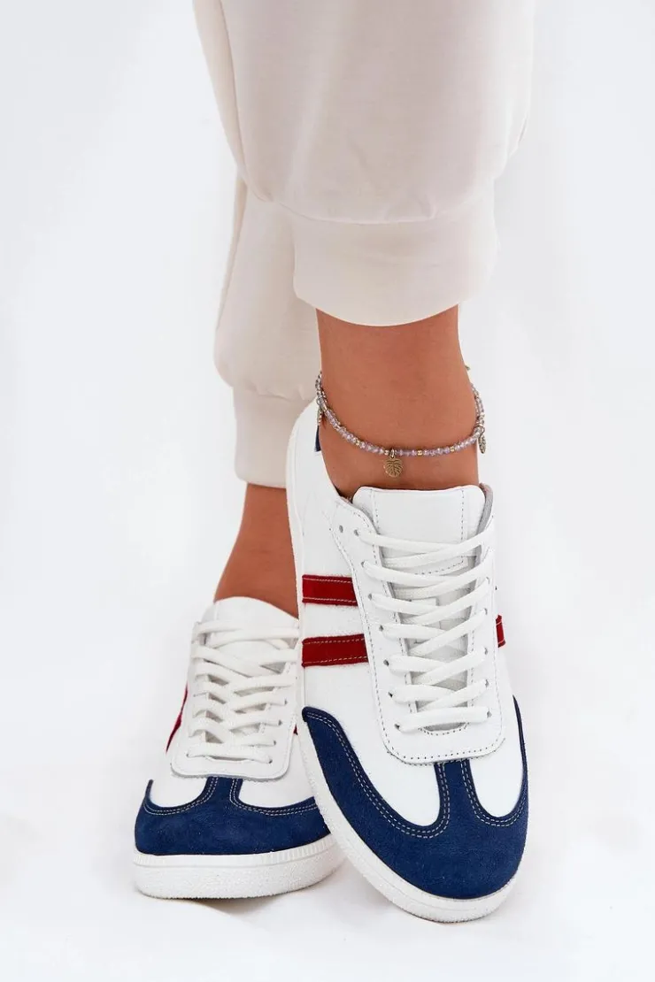 Damskie Zazoo N1068 Skórzane Niskie Sneakersy Damskie Biało-Granatowe
