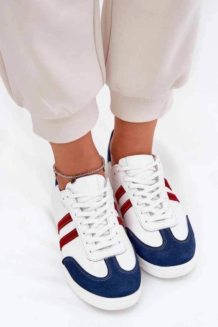 Damskie Zazoo N1068 Skórzane Niskie Sneakersy Damskie Biało-Granatowe