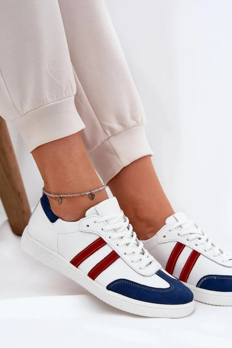 Damskie Zazoo N1068 Skórzane Niskie Sneakersy Damskie Biało-Granatowe