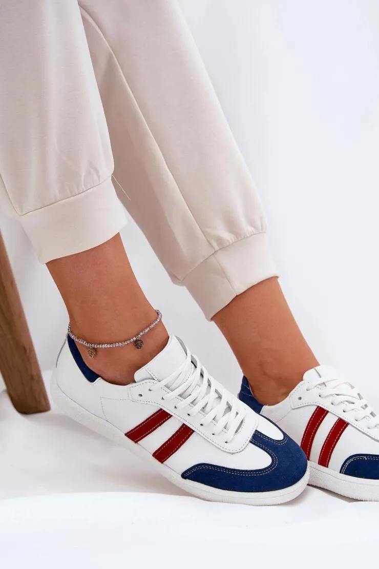 Damskie Zazoo N1068 Skórzane Niskie Sneakersy Damskie Biało-Granatowe