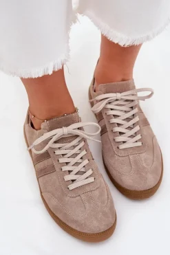 Clearance Zazoo N1068 Zamszowe Niskie Sneakersy Damskie Ciemnobeżowe Beżowy