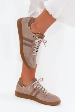 Clearance Zazoo N1068 Zamszowe Niskie Sneakersy Damskie Ciemnobeżowe Beżowy