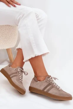 Clearance Zazoo N1068 Zamszowe Niskie Sneakersy Damskie Ciemnobeżowe Beżowy