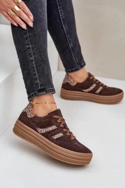 Hot Zazoo N1176 Zamszowe Sneakersy Na Platformie Panterka Czekoladowe Brązowy