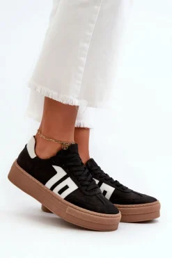 Discount Zazoo N1095S2 Sneakersy Skórzane Damskie Na Platformie Czarne