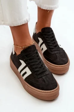 Discount Zazoo N1095S2 Sneakersy Skórzane Damskie Na Platformie Czarne