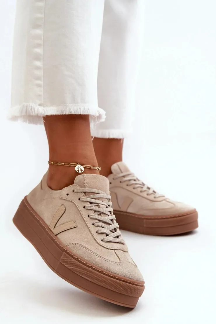 Damskie Zazoo N1100S2 Sneakersy Zamszowe Damskie Na Platformie Beżowe