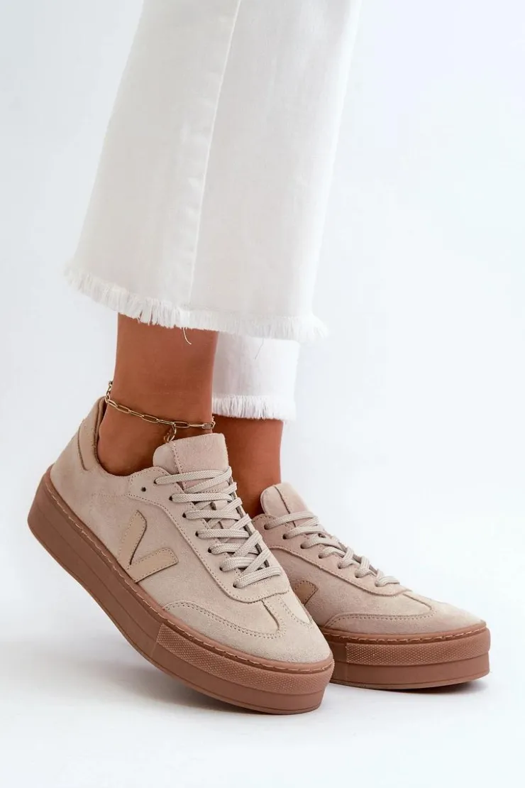 Damskie Zazoo N1100S2 Sneakersy Zamszowe Damskie Na Platformie Beżowe