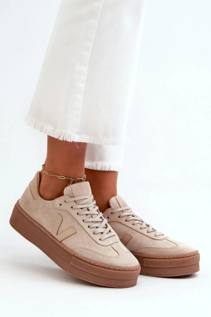 Damskie Zazoo N1100S2 Sneakersy Zamszowe Damskie Na Platformie Beżowe