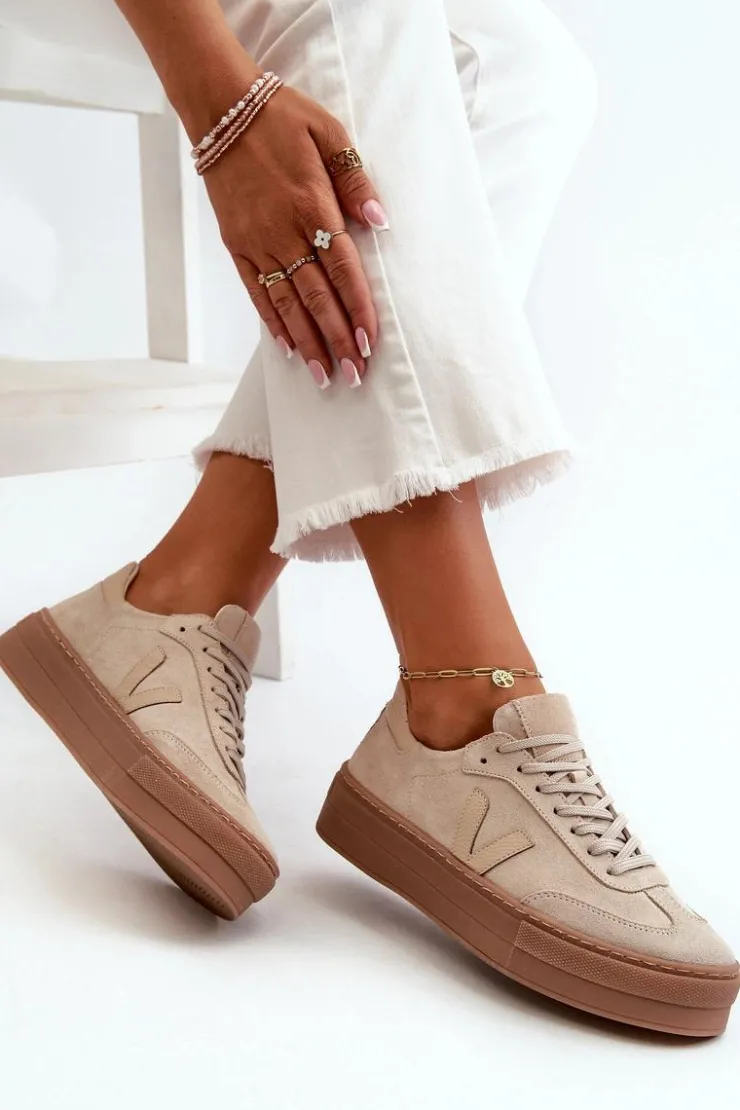 Damskie Zazoo N1100S2 Sneakersy Zamszowe Damskie Na Platformie Beżowe