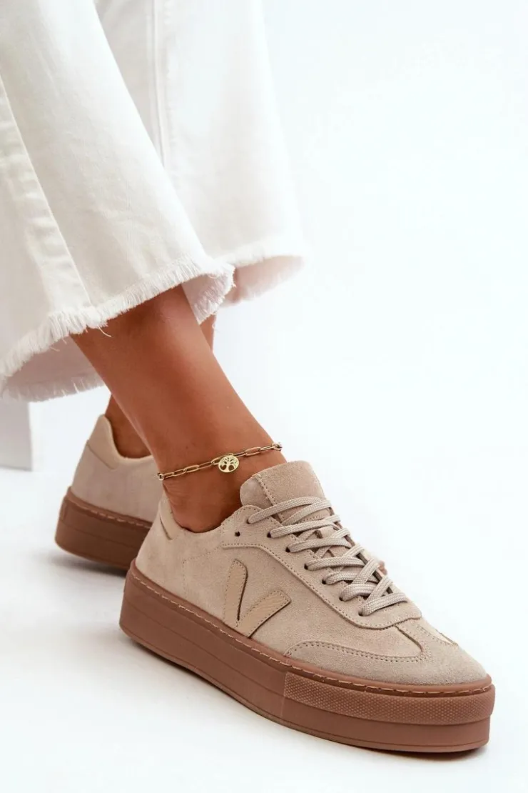 Damskie Zazoo N1100S2 Sneakersy Zamszowe Damskie Na Platformie Beżowe