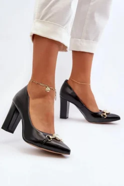 Best Zazoo 2453/OS Skórzane Czółenka Na Słupku Z Sercem Czarne Czarny