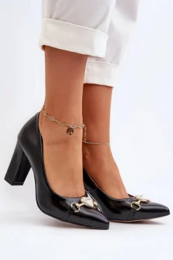 Best Zazoo 2453/OS Skórzane Czółenka Na Słupku Z Sercem Czarne Czarny