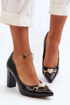 Best Zazoo 2453/OS Skórzane Czółenka Na Słupku Z Sercem Czarne Czarny