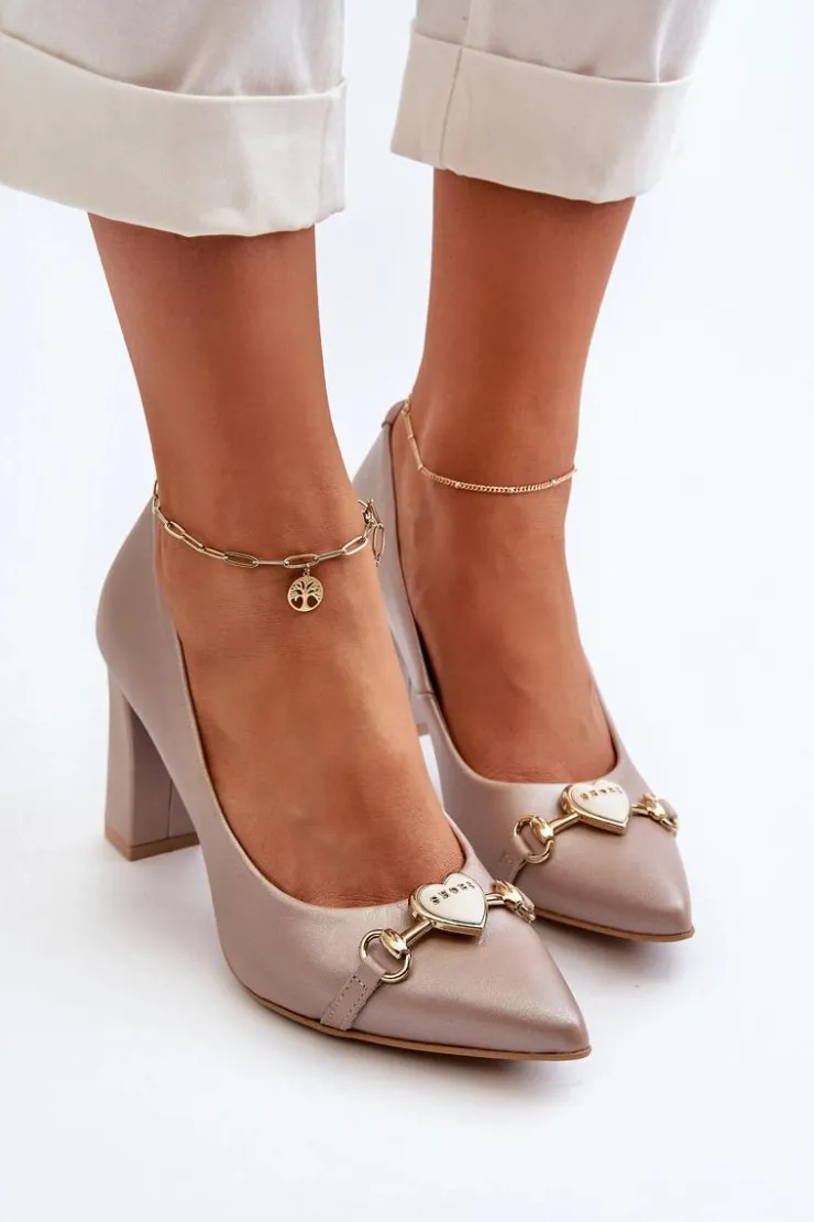 Zazoo Czółenka Na Słupku|Czółenka Klasyczne*2453/OS Skórzane Czółenka Na Słupku Z Sercem Perłowe Różowy