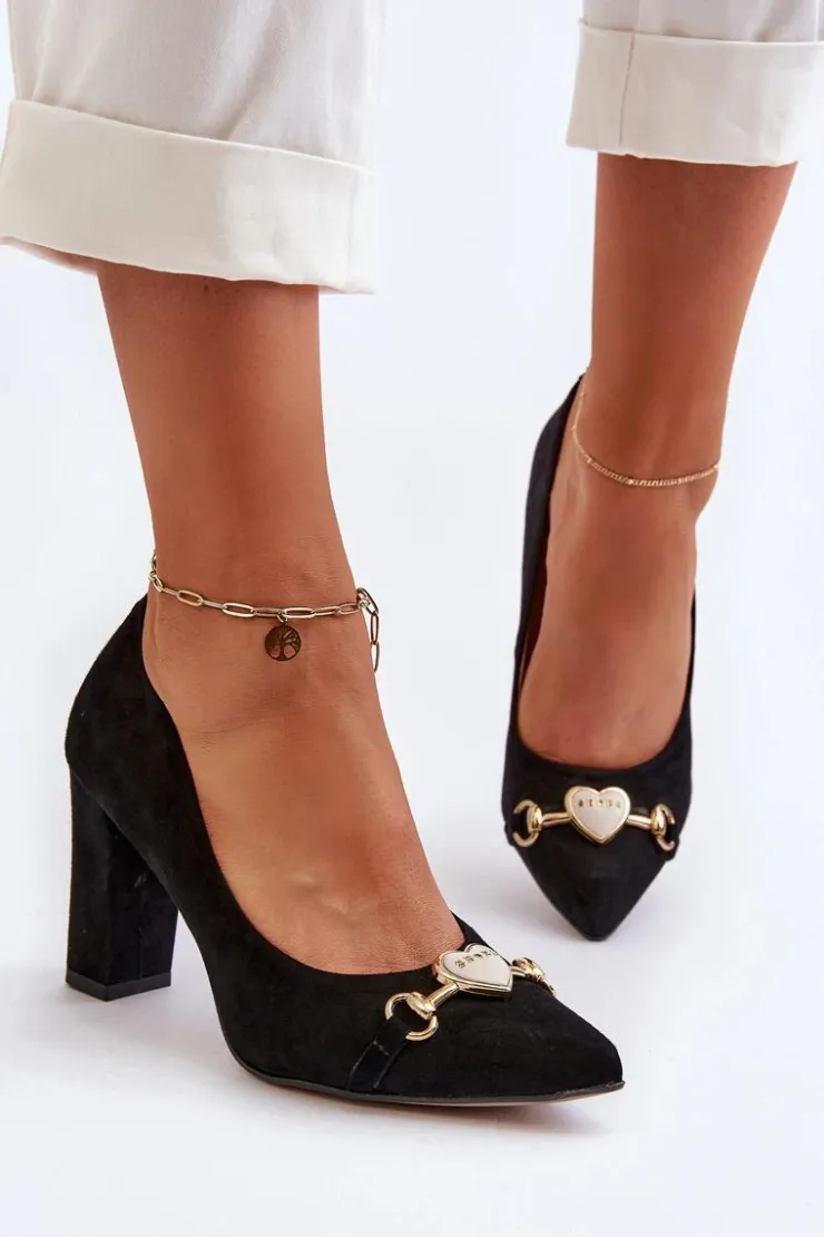 Damskie Zazoo 2453/OS Zamszowe Czółenka Na Słupku Z Sercem Czarne