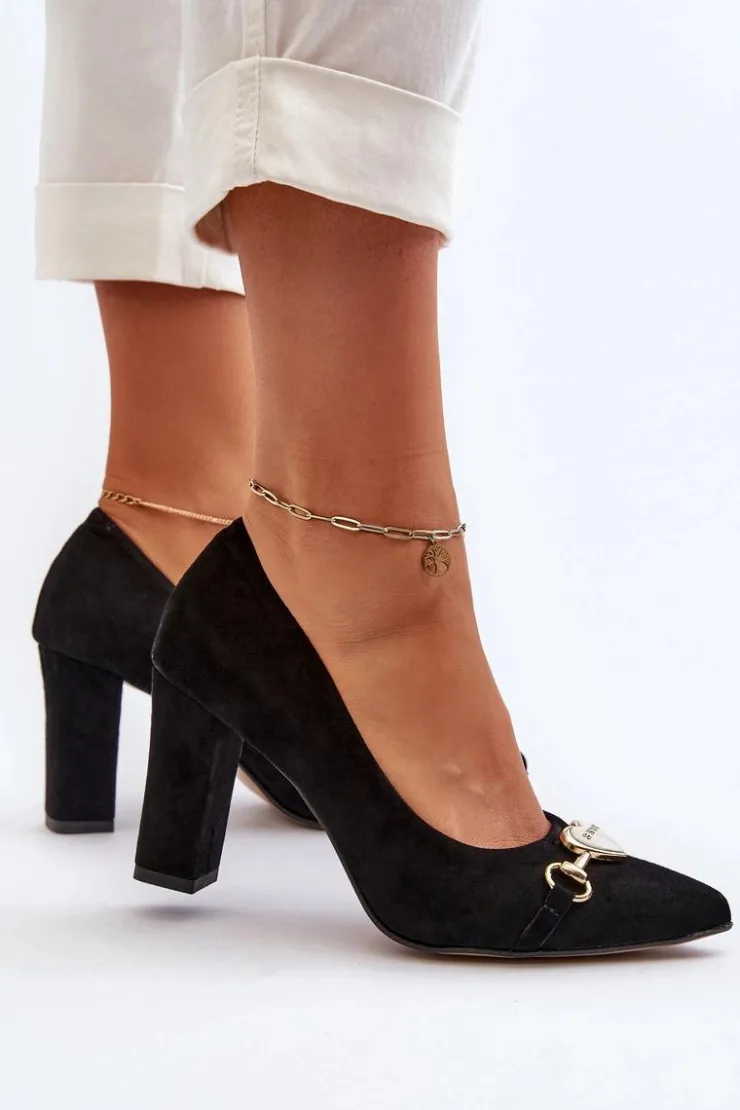 Damskie Zazoo 2453/OS Zamszowe Czółenka Na Słupku Z Sercem Czarne