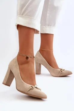 Zazoo Czółenka Na Słupku|Czółenka Klasyczne*2453/OS Zamszowe Czółenka Na Słupku Z Sercem Cappuccino Beżowy