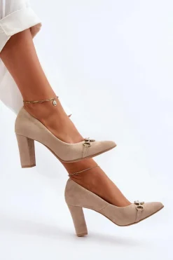 Zazoo Czółenka Na Słupku|Czółenka Klasyczne*2453/OS Zamszowe Czółenka Na Słupku Z Sercem Cappuccino Beżowy