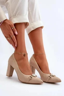 Zazoo Czółenka Na Słupku|Czółenka Klasyczne*2453/OS Zamszowe Czółenka Na Słupku Z Sercem Cappuccino Beżowy