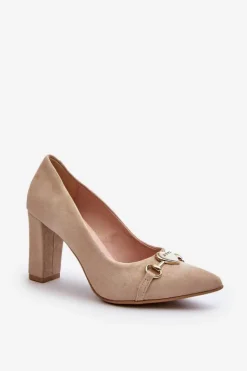 Zazoo Czółenka Na Słupku|Czółenka Klasyczne*2453/OS Zamszowe Czółenka Na Słupku Z Sercem Cappuccino Beżowy