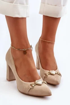 Zazoo Czółenka Na Słupku|Czółenka Klasyczne*2453/OS Zamszowe Czółenka Na Słupku Z Sercem Cappuccino Beżowy