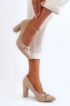 Zazoo Czółenka Na Słupku|Czółenka Klasyczne*2453/OS Zamszowe Czółenka Na Słupku Z Sercem Cappuccino Beżowy