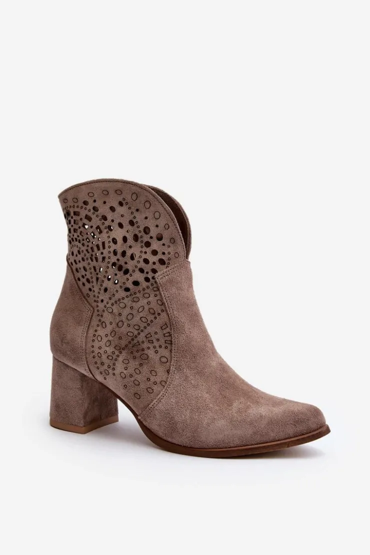 Zazoo Botki Wiosenne|Botki Na Słupku*3166/P Damskie Ażurowe Botki Na Obcasie Zamszowe Beżowe