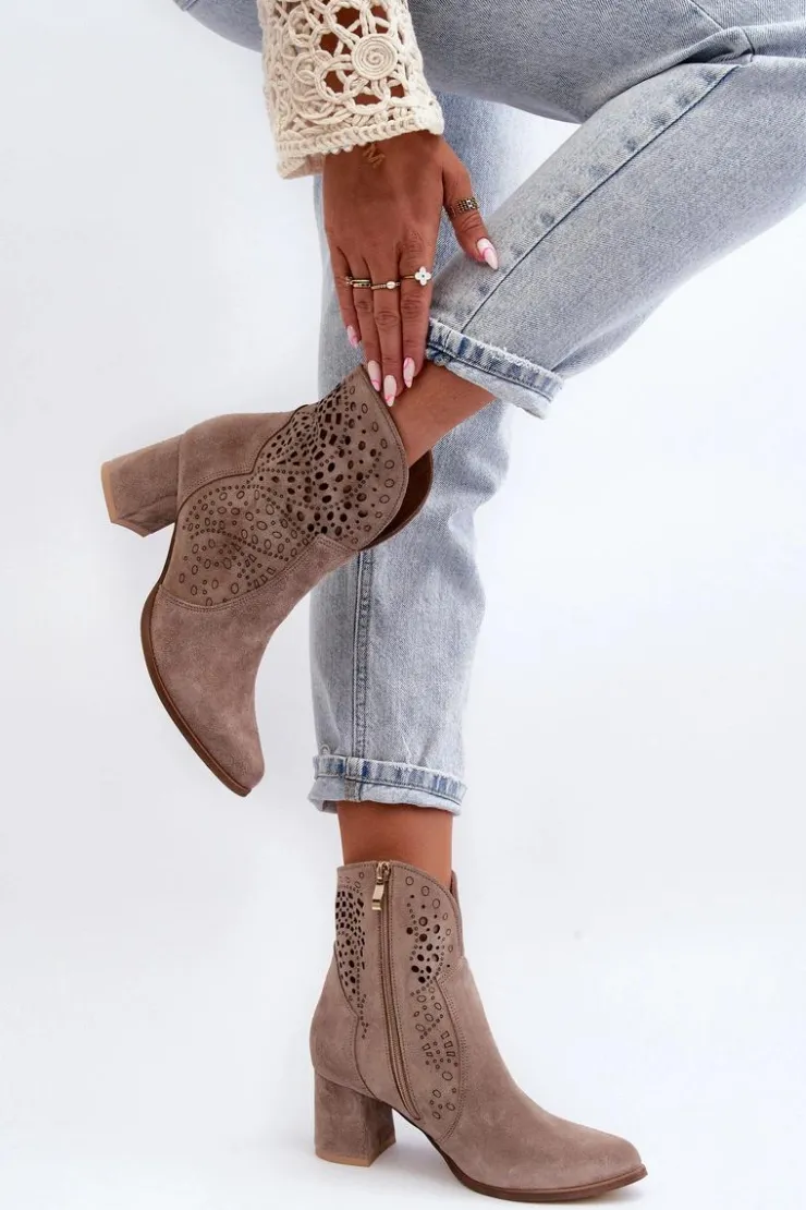 Zazoo Botki Wiosenne|Botki Na Słupku*3166/P Damskie Ażurowe Botki Na Obcasie Zamszowe Beżowe