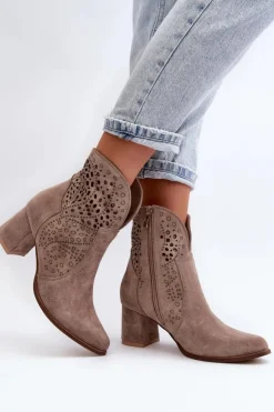 Zazoo Botki Wiosenne|Botki Na Słupku*3166/P Damskie Ażurowe Botki Na Obcasie Zamszowe Beżowe