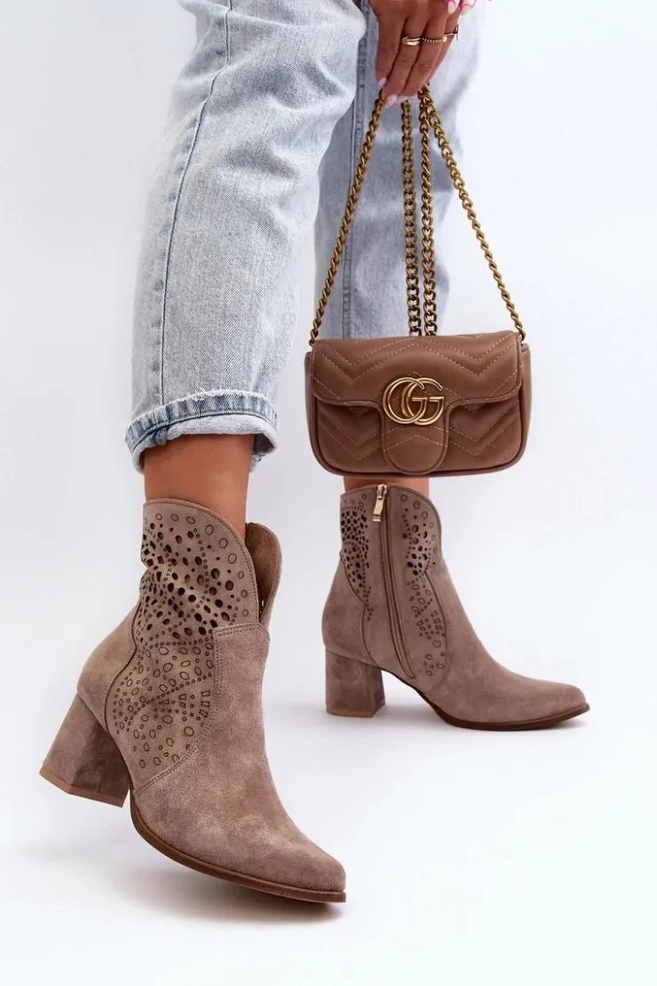 Zazoo Botki Wiosenne|Botki Na Słupku*3166/P Damskie Ażurowe Botki Na Obcasie Zamszowe Beżowe