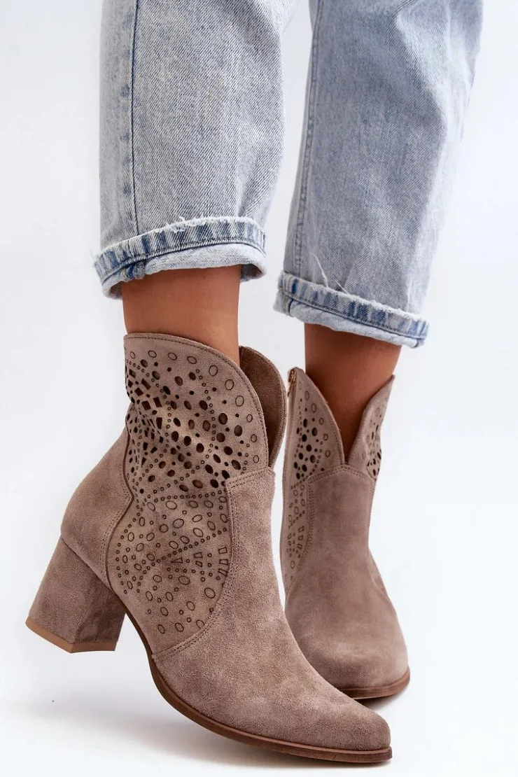 Zazoo Botki Wiosenne|Botki Na Słupku*3166/P Damskie Ażurowe Botki Na Obcasie Zamszowe Beżowe