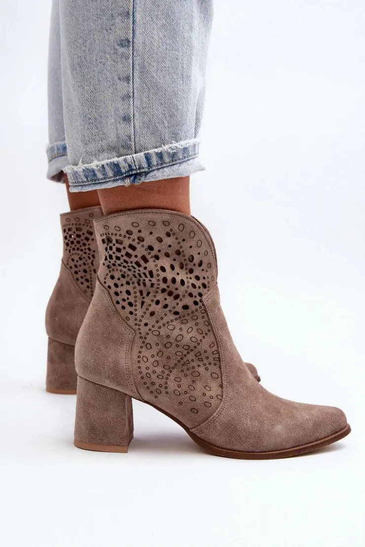 Zazoo Botki Wiosenne|Botki Na Słupku*3166/P Damskie Ażurowe Botki Na Obcasie Zamszowe Beżowe