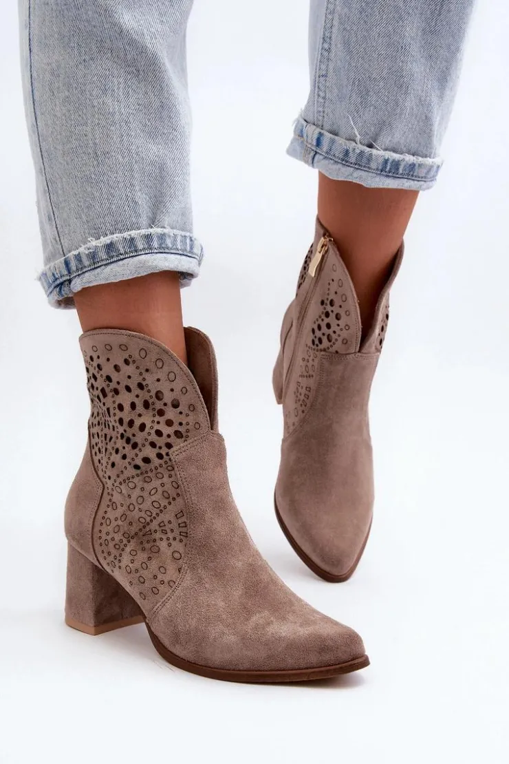 Zazoo Botki Wiosenne|Botki Na Słupku*3166/P Damskie Ażurowe Botki Na Obcasie Zamszowe Beżowe