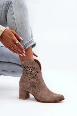 Zazoo Botki Wiosenne|Botki Na Słupku*3166/P Damskie Ażurowe Botki Na Obcasie Zamszowe Beżowe
