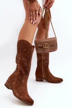 Zazoo Kozaki Wiosenne|Kozaki Ażurowe*3305/P Zamszowe Kozaki Do Połowy Łydki Ażurowe Brązowe