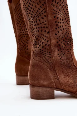 Zazoo Kozaki Wiosenne|Kozaki Ażurowe*3305/P Zamszowe Kozaki Do Połowy Łydki Ażurowe Brązowe