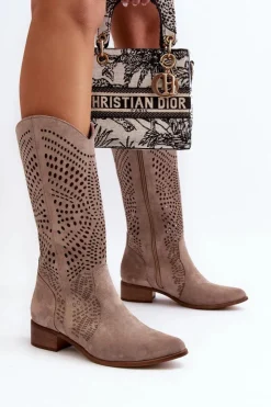 Sale Zazoo 3305/P Zamszowe Kozaki Do Połowy Łydki Ażurowe Cappucino