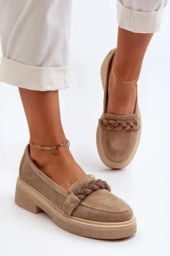 Zazoo Loafersy Damskie|Mokasyny Płaskie*3429/W Damskie Zamszowe Mokasyny Z Ozdobą Beżowe Beżowy