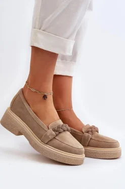 Zazoo Loafersy Damskie|Mokasyny Płaskie*3429/W Damskie Zamszowe Mokasyny Z Ozdobą Beżowe Beżowy