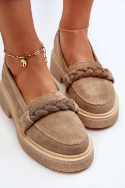 Zazoo Loafersy Damskie|Mokasyny Płaskie*3429/W Damskie Zamszowe Mokasyny Z Ozdobą Beżowe Beżowy
