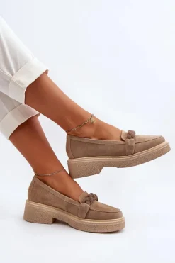 Zazoo Loafersy Damskie|Mokasyny Płaskie*3429/W Damskie Zamszowe Mokasyny Z Ozdobą Beżowe Beżowy