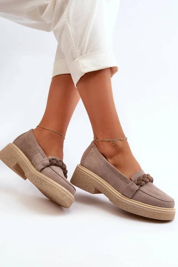 Zazoo 3429/W Damskie Zamszowe Mokasyny Z Ozdobą Cappuccino Beżowy